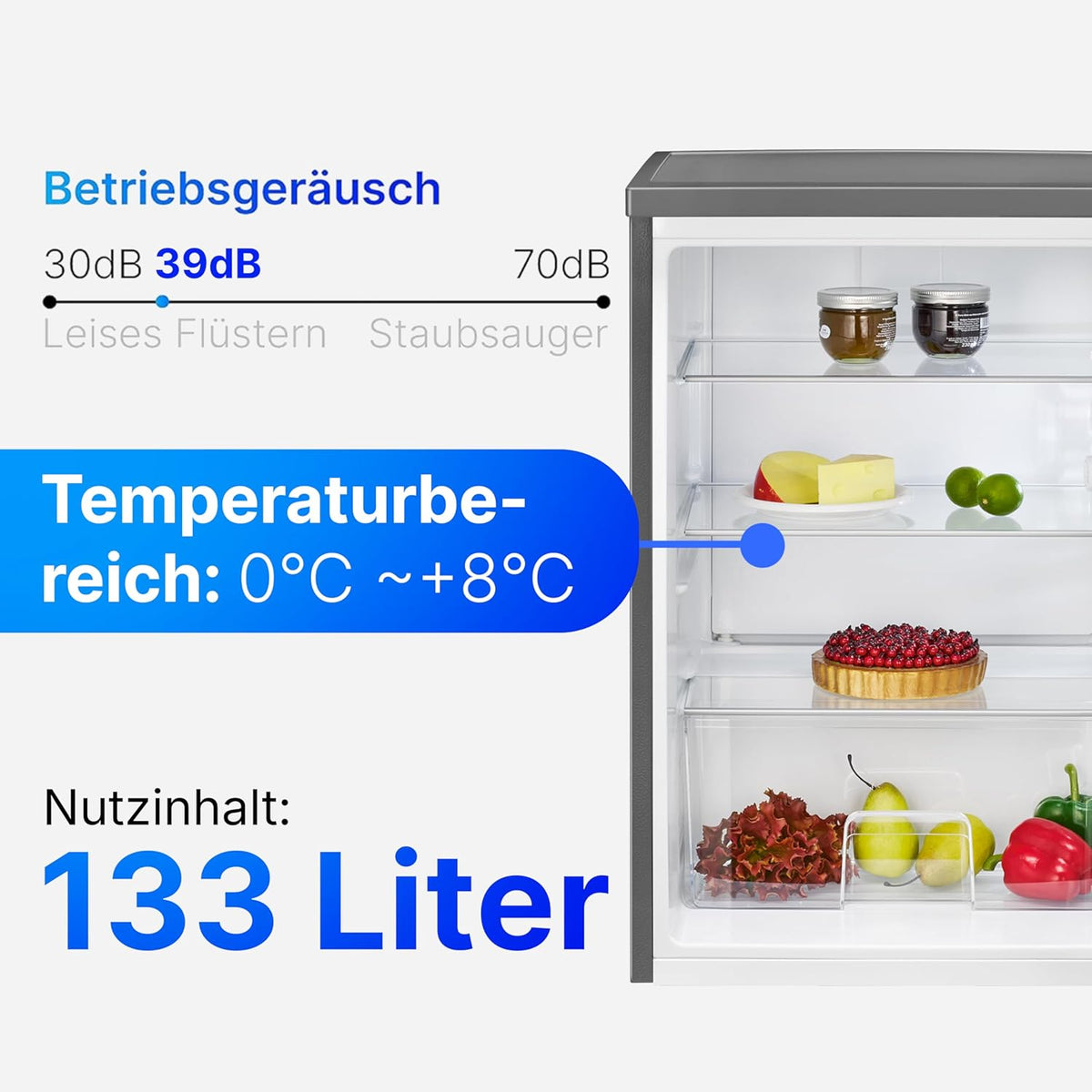 Réfrigérateur 133L inox VS2195-1-inox, Capacité nette : 133 litres, éclairage intérieur à DEL, Contr?le de la température en continu, 3 clayettes en verre