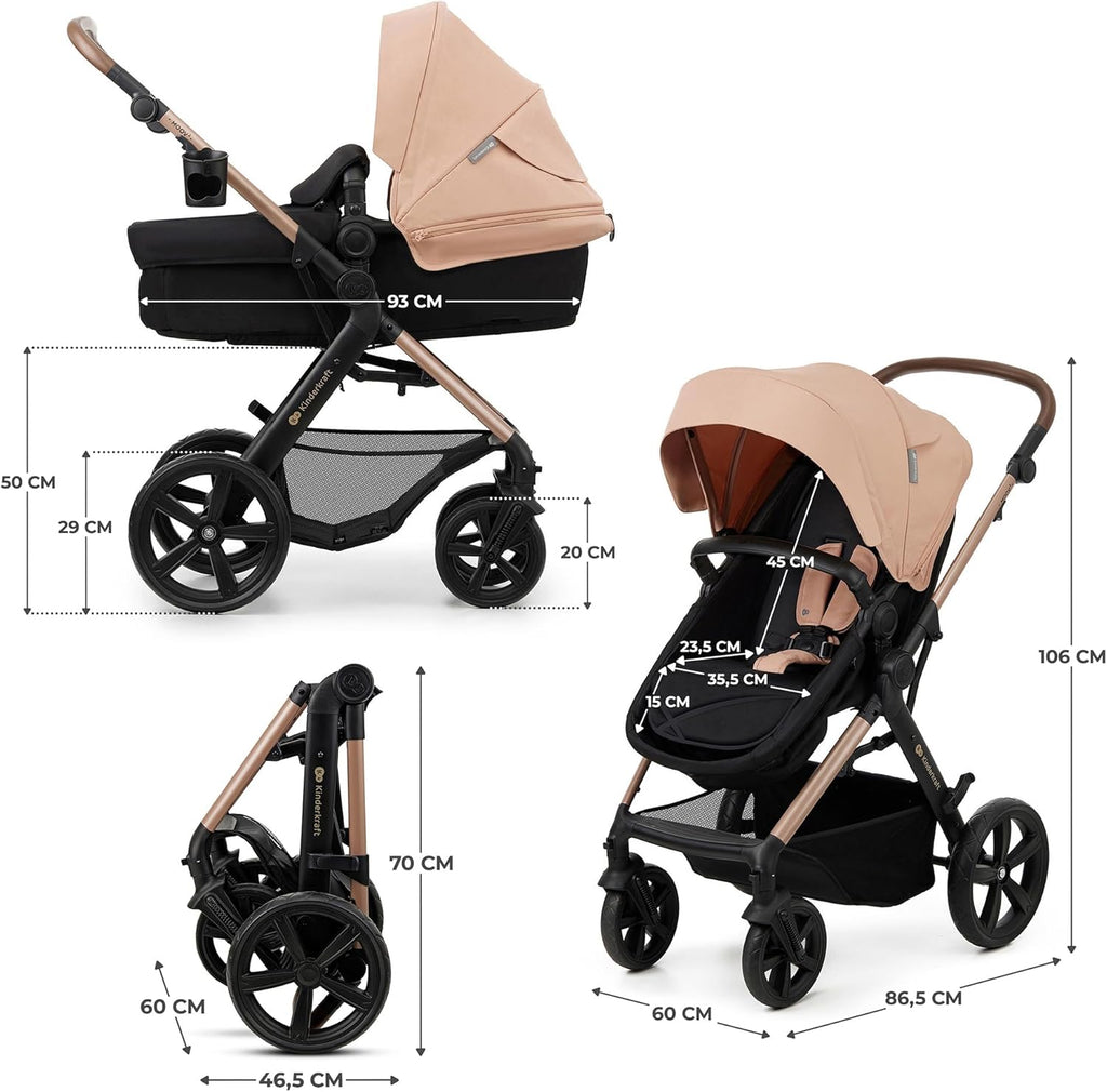 Kinderkraft MOOV2 Poussette 3 en 1, Système de voyage de la naissance à 27 kg, Siège auto Mink PRO I-Size inclus, Capote extensible avec filtre UPF50+, Accessoires pratiques, Gris