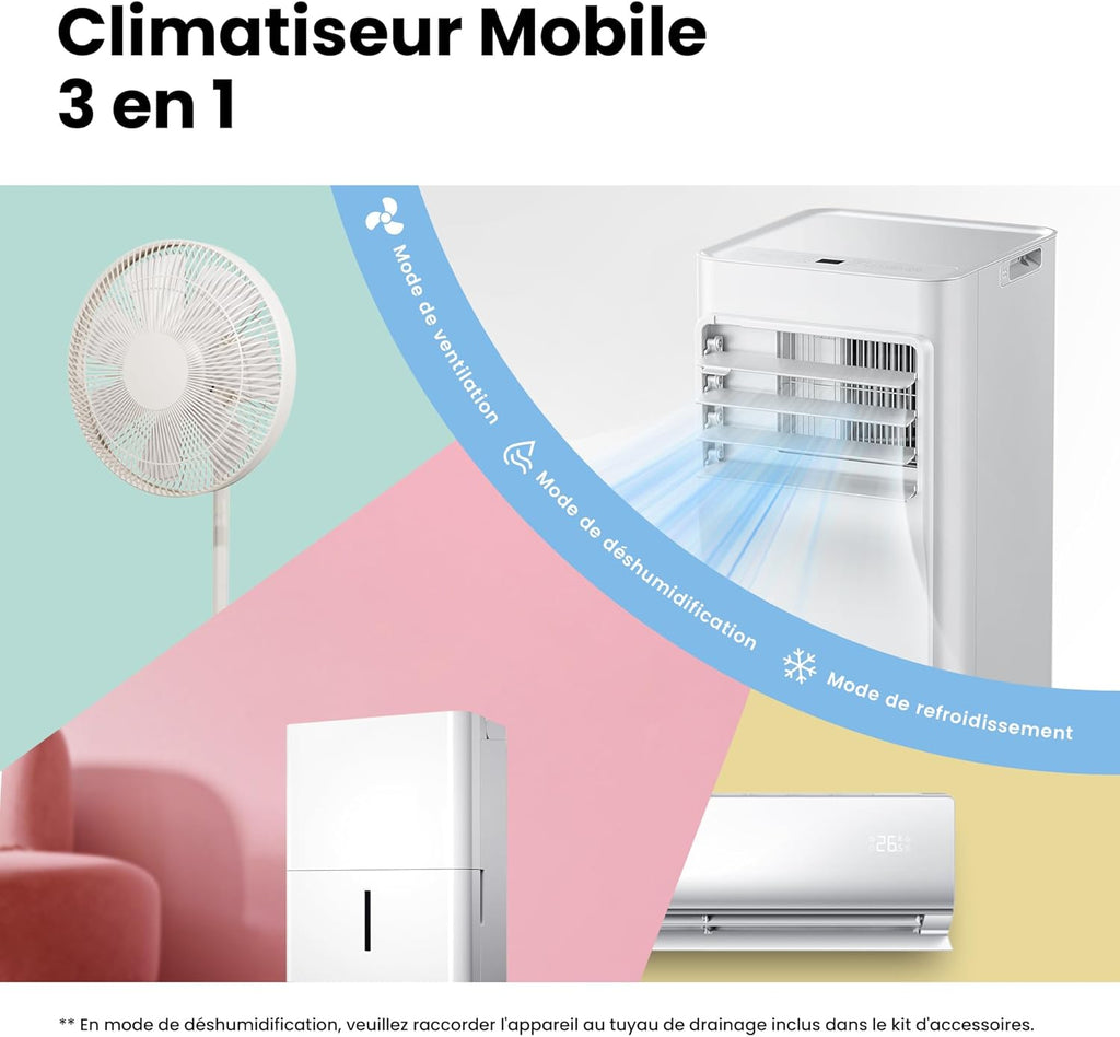 COMFEE' Climatiseur Mobile 9000 BTU/h 2,6kW, 3-EN-1 Refroidisseur Déshumidificateur Ventilateur, Fonction Follow me, Minuterie, Mode nuit, Pour salon et maison de 33©O/88m3, MPPH-09CRN7, R290