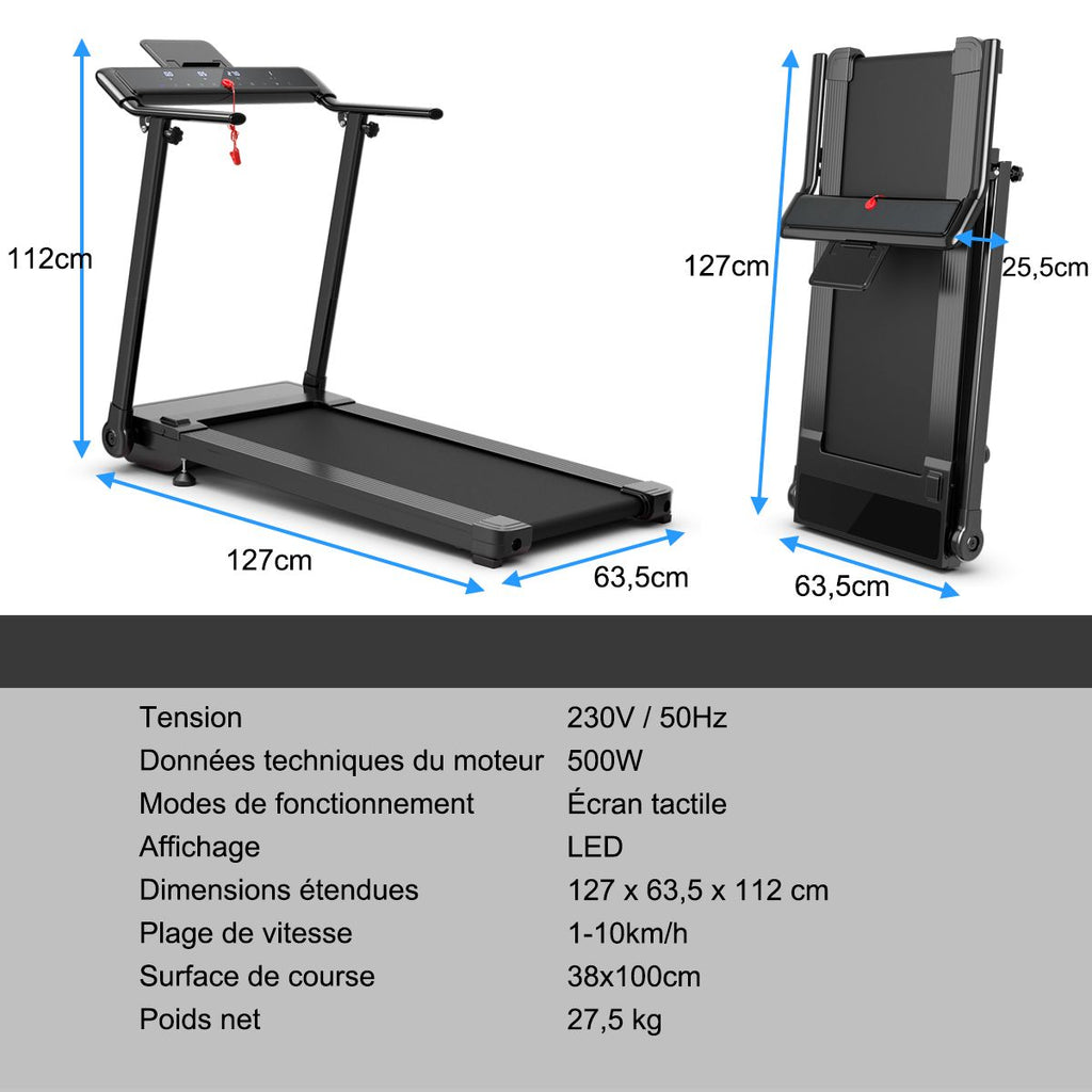 Tapis de Course/Marche Pliable 500W 12 Programmes Prédéfinis 0,8-9,6 Km/h Ecran Tactile LED 4 Touches de Raccourci Noir Support pour Ipad