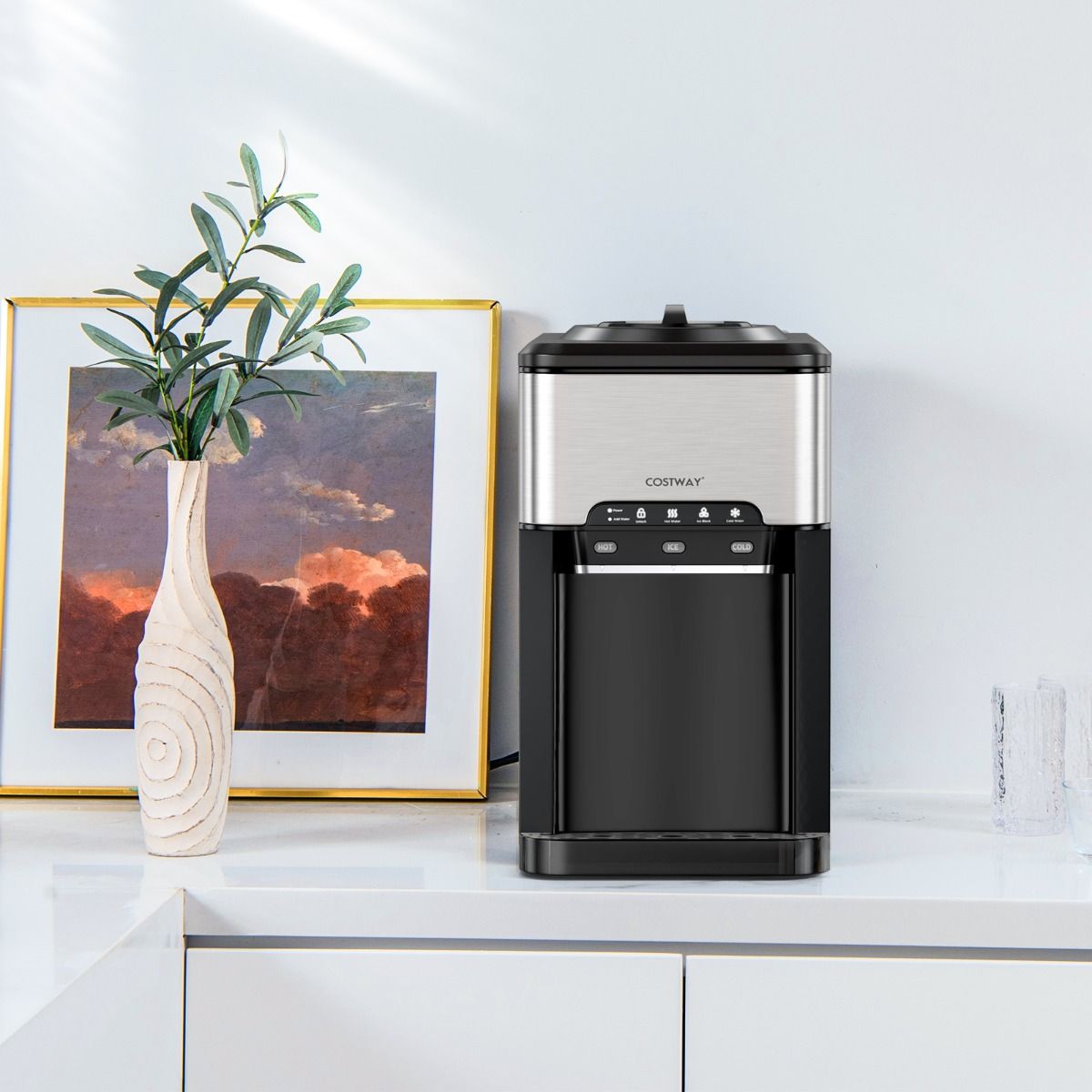 Machine à Gla?ons 3 en 1 avec Distributeur d'Eau Froide/Chaude 20 kg en 24h Cube de Glace 6-13 min pour Maison Bureau Bar