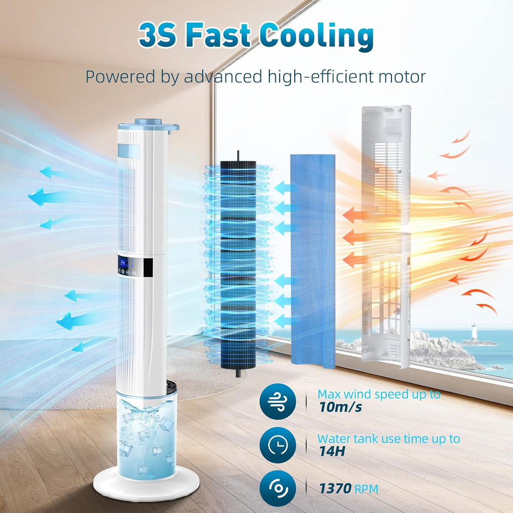 Climatiseur Mobile Silencieux Rafra?chisseur d'air avec Humidificateur, Ventilateur, 2 Sortie d'air, 360°Oscillation, 65W, 24H Minuteries, 3 Vitesses, 4 Modes,Télécommande pour Chambre Bureau